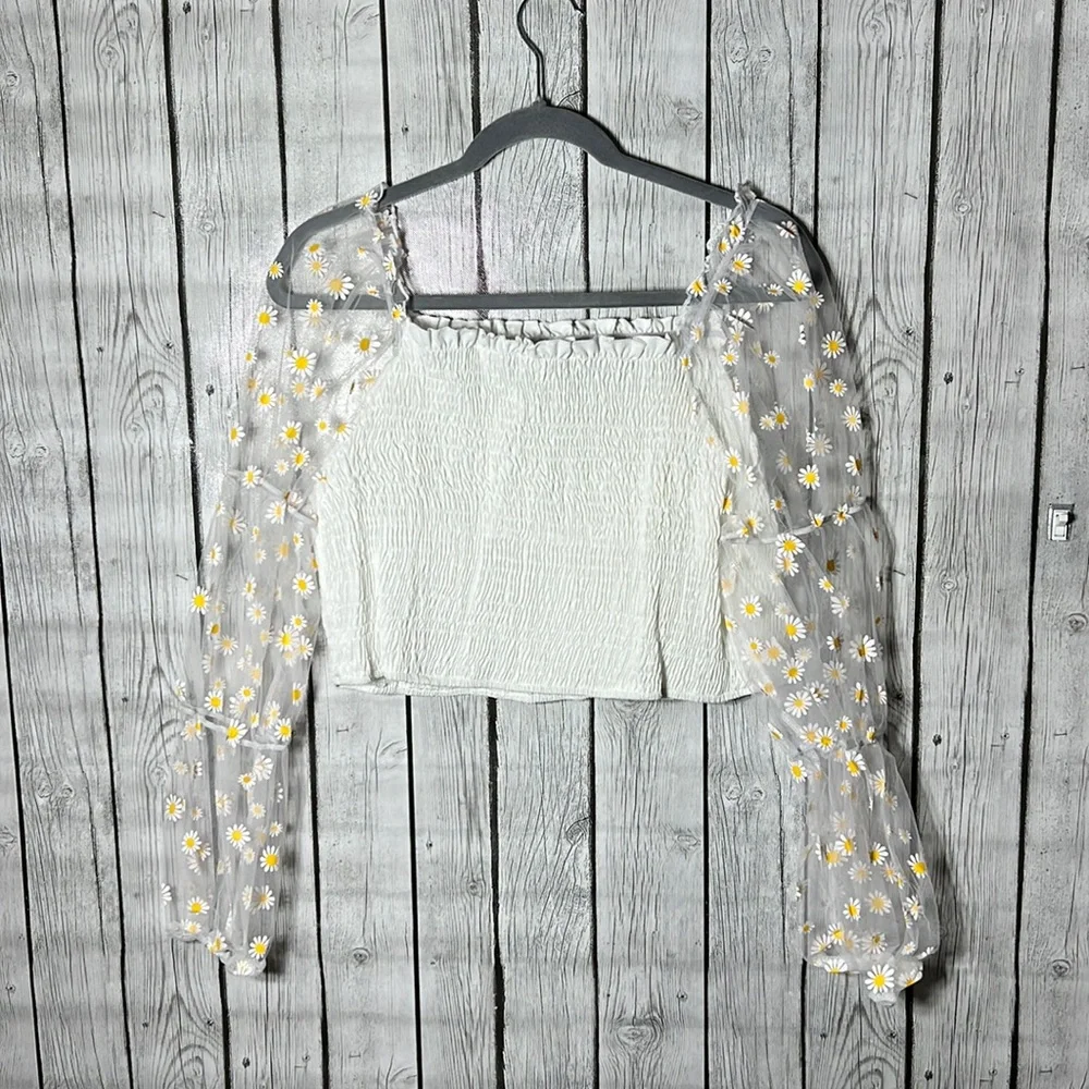Shein smocked floral printed sheer sleeve top size 1x